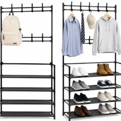 WIESZAK NA UBRANIA BUTY STOJAK METALOWY CZARNY HACZYKI PÓŁKI LOFT 155 cm
