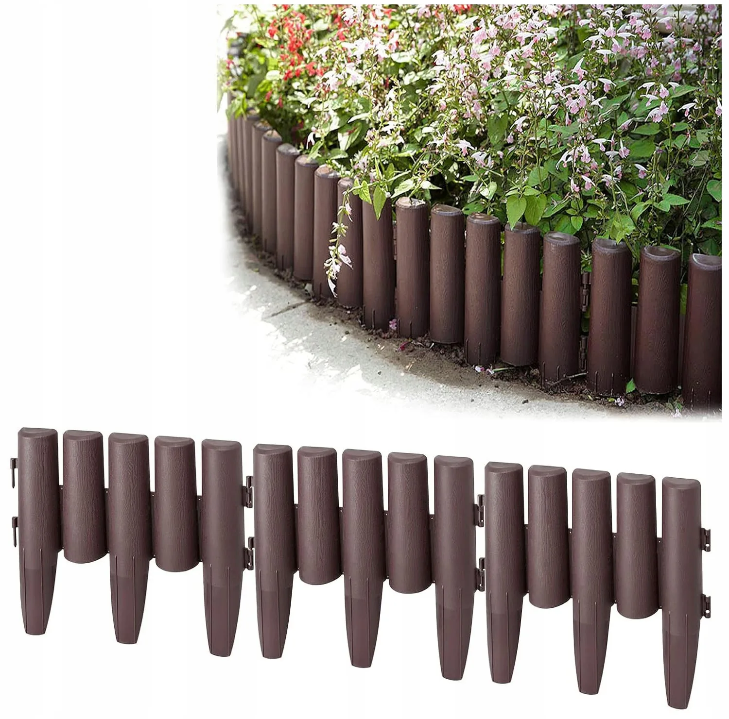 ZESTAW 10 ELEMENTÓW PALISADA OGRODOWA PLASTIKOWA 280 CM BRĄZOWA OBRZEŻE TRAWNIKA